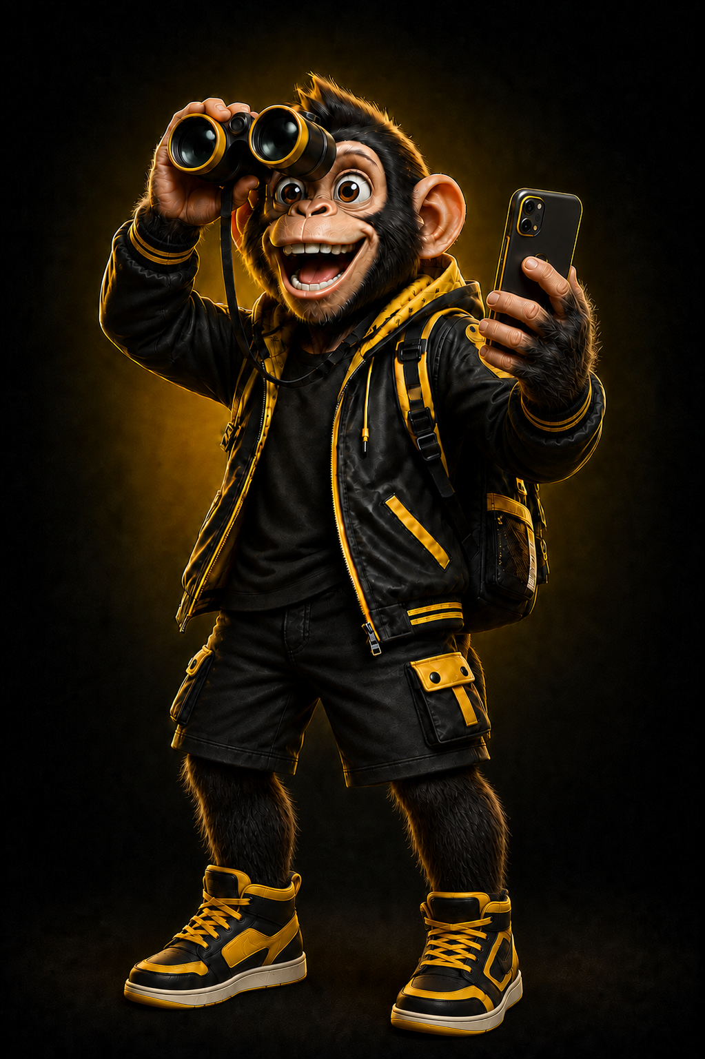 Mano Chimpas, um chimpanzé explorador sorridente com binóculos, celular e tênis